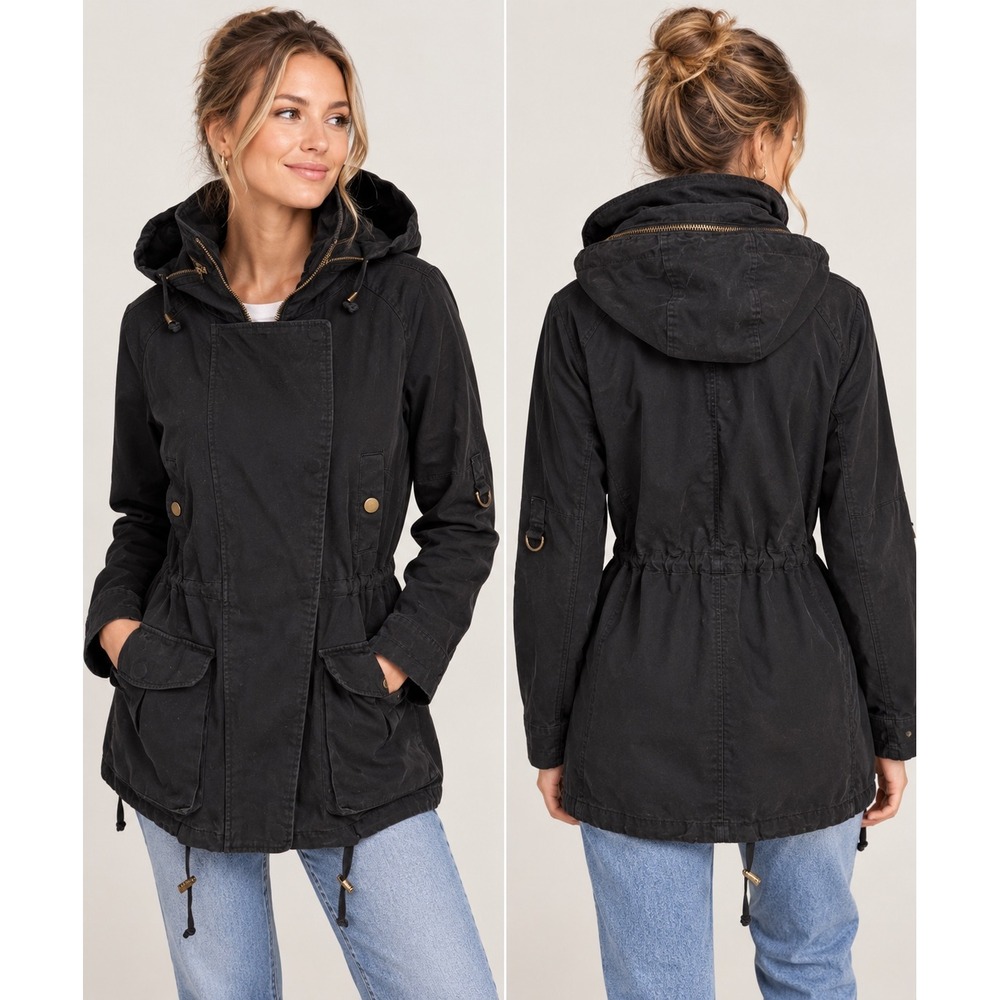 Willow & Clay Black Utility Field Jacket Hooded Cotton medium